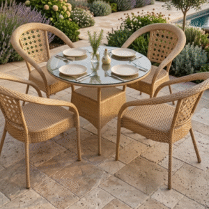 A 4-seater natural-toned hand-woven rattan patio dining set with a round glass-top table on a travertine patio surrounded by Mediterranean plants.