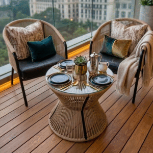 A 2-seater artisan rope weave bistro set with an hourglass glass-top table on a luxury high-rise balcony overlooking a city skyline.